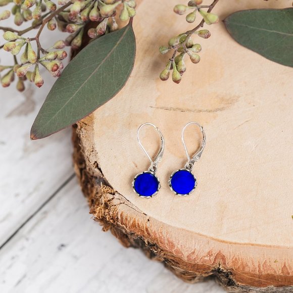 Recycled Vintage 1960's Cobalt Noxzema Jar Sterling Botanical Lever back Earring - Picture 3 of 5